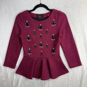 Dolce Vita XS Embellished Peplum Wool Top Burgundy Jewels Raspberry Pink Mimosa